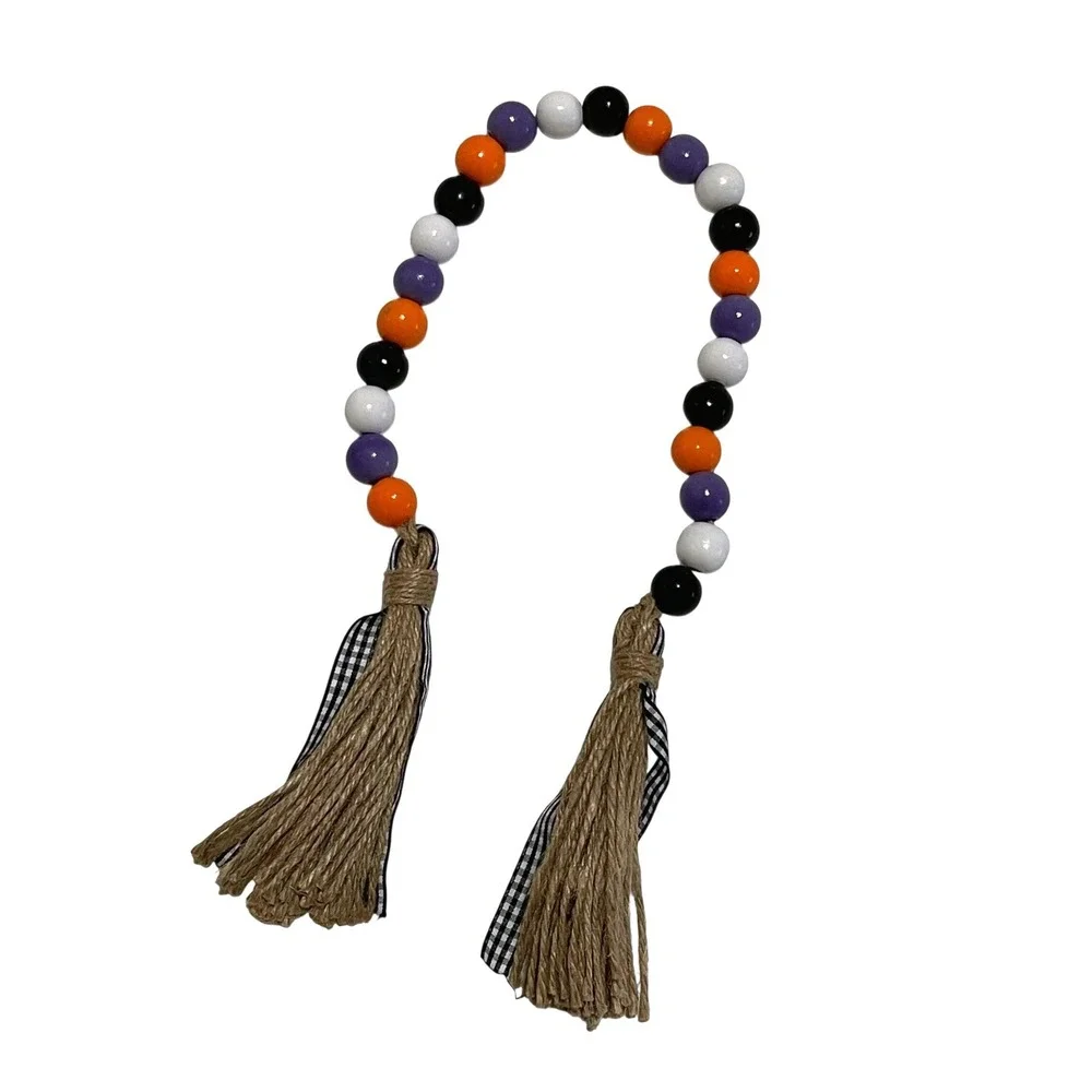 Wood Bead Garland Orange Purple Black White‎ Jute Tassel Gingham Decor